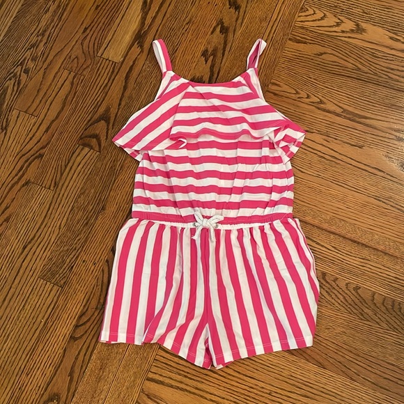 Nautica NEW girls Pink and White Striped Romper Sz L 12/14 - Picture 1 of 7